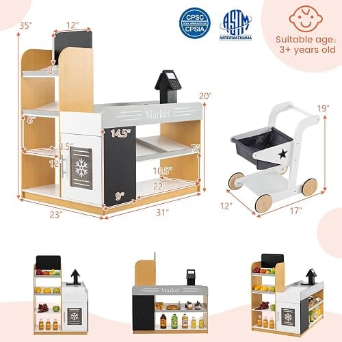 HONEY JOY Kids Grocery Store Playset, Wooden Play Store with Shopping Cart, Toddler Supermarket Checkout Stand w/Blackboard, Display Shelves, Grocery Store Pretend Play, Gift for Boys Girls, Natural thumbnail 3