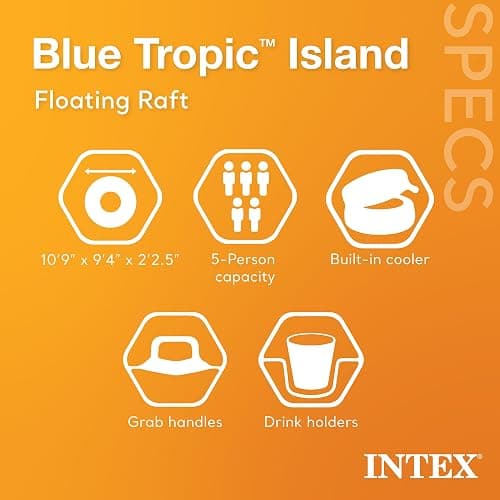 Intex Blue Tropic Inflatable 5 Person Raft or Swimming Pool Island Water Floating Lounger Raft with Backrests, Built in Cooler, and 4 Cupholders thumbnail 2
