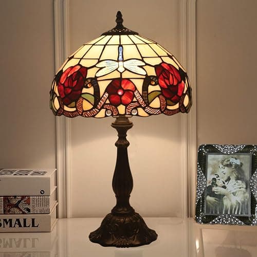 Lampe Tiffany Stil Tischlampe, Schreibtisch Schlafzimmer Lesung Bankierlampe, Beige Rot Buntglas Mediterran Libelle Lampenschirm, W12 H19 Zoll, Mission Nacht Wohnzimmer Tischleuchte,Resin base thumbnail 2