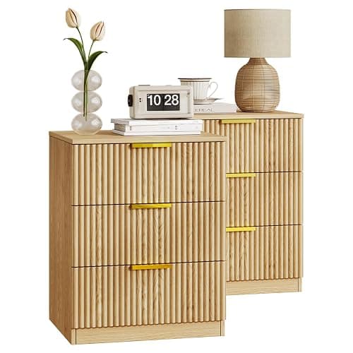 Fluted Night Stand Set of 2, Modern Nightstand with 3 Drawers and Metal Handle, 13.4" D x 15.7" W x 20.1" H, Wooden Bedside Table End Table for Bedroom, Natural thumbnail 9