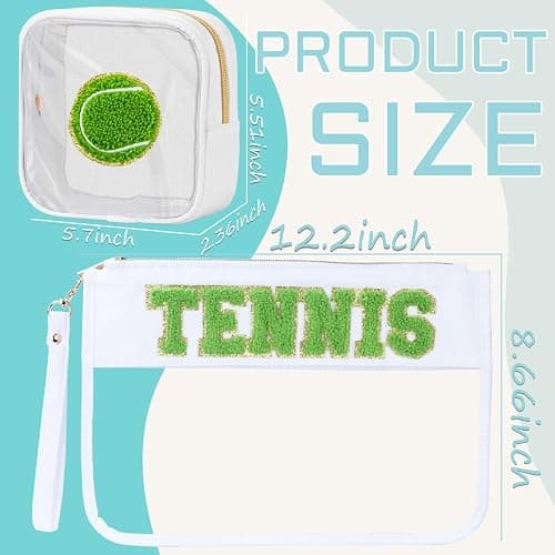 BuyCard 2 Pcs Tennis Gifts Cosmetic Makeup Bag with Chenille Letter Patch, Clear Pouch PVC Organizer Purse, Waterproof Travel Bag, Portable Toiletry Storage Bag for Her Girls Friends Women thumbnail 2