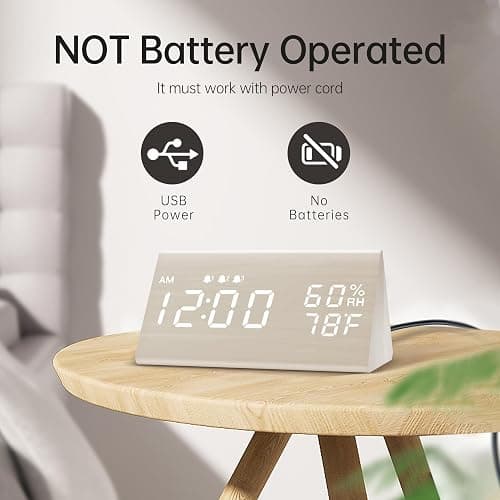 Digital Alarm Clock, with Wooden Electronic LED Time Display, 3 Alarm Settings, Humidity & Temperature Detect, Wood Made Electric Clocks for Bedroom, Bedside, Desk, White - White thumbnail 3