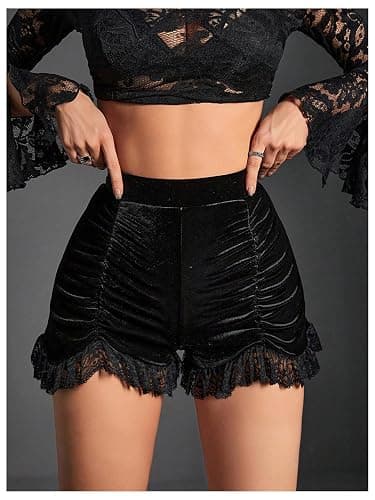WDIRARA Women's Velvet Contrast Lace Ruched High Waist Gothic Shorts thumbnail 3