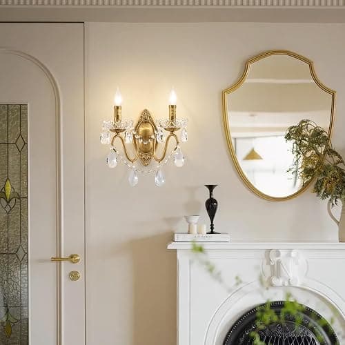 Ondersley Crystal Wall Sconce Set of 2, Crystal Wall sconces, Vintage Wall sconces, Gold Brass Finish with Glass Drops, for Bedroom Living Room Bathroom Vanity Mirror Light Fixtures thumbnail 7
