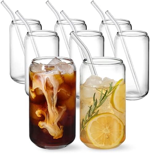 NETANY [ 8pcs Set ] Drinking Glasses with Glass Straw - 16oz Glass Cups, Beer Glasses, Iced Coffee Glasses, Cute Tumbler Cup, Ideal for Whiskey, Soda, Tea, Water, Gift - 2 Cleaning Brushes thumbnail 8