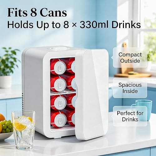 JrostKault Mini Fridge for Bedroom - 6 Liter/8 Can Portable Refrigerator for Car, Office, Dorm - Quiet Cooler & Warmer for Food, Drinks, Makeup & Skincare - AC/DC Power Supply thumbnail 2