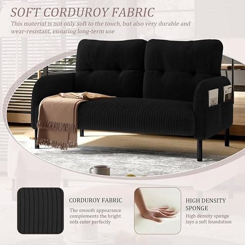 WDYLWFHW Black Small Loveseat Couch, Modern Soft Love Seat, Corduroy Upholstered Sofa, Comfy Bedroom Mini Couchs with Metal Legs and Side Pockets for Living Room Bedroom, Dorm, Apartment (Black.) thumbnail 4