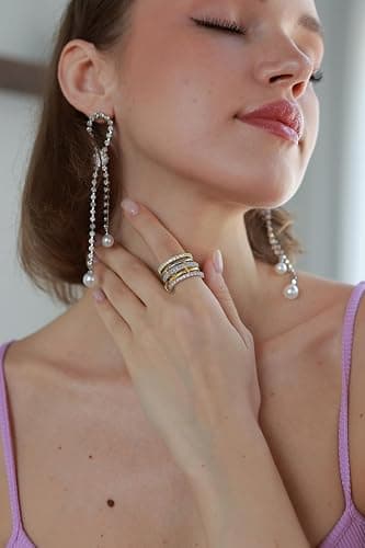 HDDNB 18K Gold Plated Stackable Rings for Women with Gift Box – Silver & Gold Multi-Link Connected Bands Set,Cubic Zirconia Mixed Metals Rings, Tarnish-Resistant Jewelry thumbnail 4