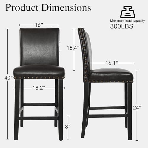 Upholstered Counter Height Bar Stools with Nailhead Trim, 24 Inch Seat Height, Solid Wood Frame, 300 LBS Weight Capacity, PU Leather & Fabric Options for Kitchen Island, Dining Room, Bar (Brown, 4pcs) thumbnail 2