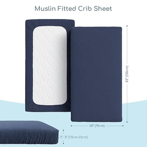 ROMY RO Muslin Crib Sheets, 100% Organic Cotton, Breathable and Ultra-Soft, Standard Crib Sheet Mattress (28"x 52") for Girls and Boys, Neutral Fitted Baby Crib Sheet (Navy) thumbnail 3