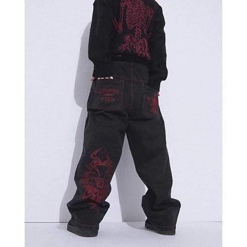 Y2K Jeans Men's Hip Hop Vintage Skull Embroidery Wash Denim Pants Gothic Straight Tube Loose Wide Leg Pants - Large - Black thumbnail 2