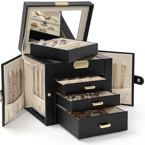 AKOZLIN 4-Tier Jewelry Box Leather Jewelry Storage Organizer with 3 Drawers Lockable for Women Girls Ring Necklace Earring Bracelet Holder with Mirror Black thumbnail 8