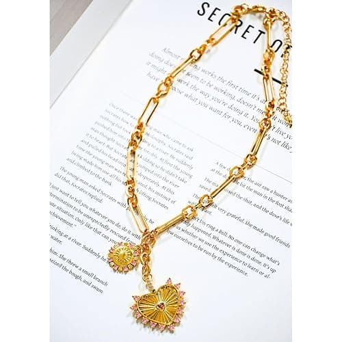Chmnigma Chunky Gold Heart Necklaces for Women 18K Gold Plated Charm Necklace Sun Pendant Chain Jewelry. thumbnail 2