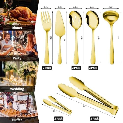 Gisly Gold 12 Pieces Serving Utensils Include Large Serving Spoons,Slotted Serving Spoons,Serving Forks,Serving Tongs,Appetizers Tongs,Soup Ladle and Pie Cake Server for Buffet Catering thumbnail 3