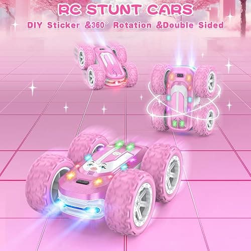 Pink Remote Control Car for Girls, RC Cars for Kids with DIY Sticker & Colored Lights, 2.4Ghz Double Sided 360° Flips 4WD Stunt Car, Rechargeable Toy Cars for Girl Ages 4-6 5-7 6-8 8-12 Birthday Gift thumbnail 2