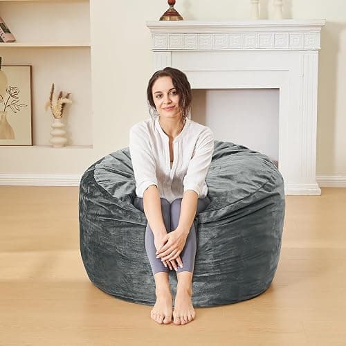 Bean Bag Chairs for Adults - Memory Foam Furniture BeanBag Chair - Kids/Teens Sofa with Soft Micro Fiber Cover - Round Fluffy Couch for Living Room Bedroom College Dorm,Medium,Gary thumbnail 2