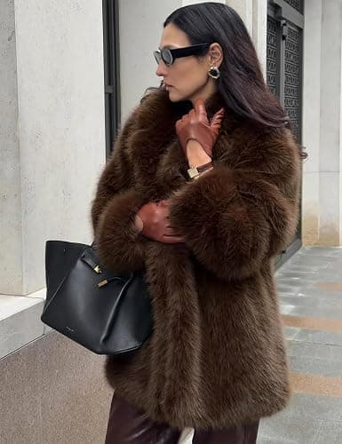 COZYPOIN Womens Faux Fur Coats Warm Mid Long Furry Jackets Long Sleeve Lapel Winter Fluffy Outerwear Shaggy Parka Coat thumbnail 4