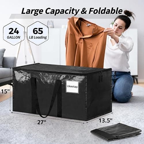 ukeetap 8 Pack Extra Large Clothes Storage Bins with Lids,Black | Storage Bags with Reinforced Handles & Heavy-Duty Zippers, Moving Bags Boxes Totes for Clothes Packing, Dorms, College thumbnail 2