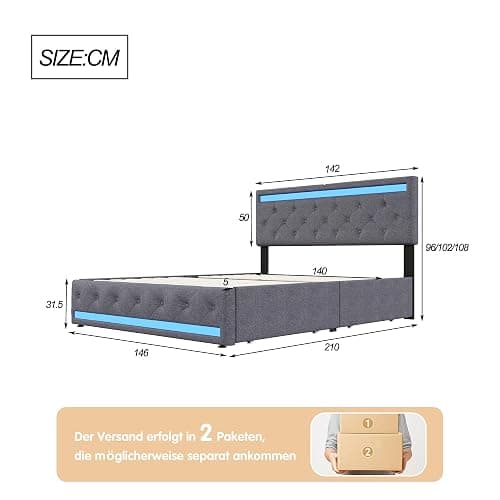 Aneutr Lit 140x200 avec sommier LED et Charge USB Type C, LIt Double rembourré avec 4 Tiroirs, Lit Coffre avec Tête de Lit Rembourrée Ajustable, Lits 2 Personnes, Facile à Assembler,Lin thumbnail 2