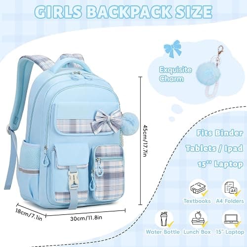 Tanou School Bag Girl Kids Backpack, Water-resistant Bookbag Teenager Daypack, Kawaii Checked Satchel for Girls 9-16 Years with Trolley Strap thumbnail 4