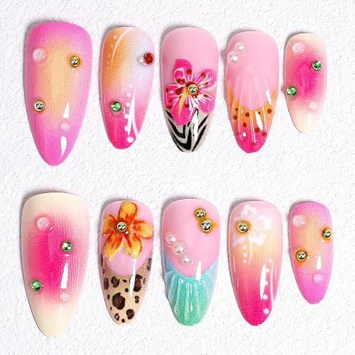 WBRRFJJ 24Pcs Flower Press-on Nails Medium Almond Acrylic False Nails with Leopard French Tip Designs Gold Silver Pearl Pink Glossy Full Cover Artificial Glue-on Nails Spring Summer DIY thumbnail 4