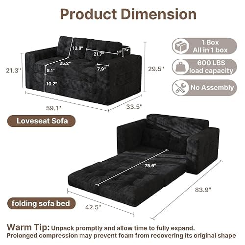 Gizoon Convertible Loveseat Sleeper Sofa Bed, 59'' Folding Floor Couch with Pillows & Memory Foam Sofa for Small Spaces, Corduroy Pull Out Couch for Apartment Living Room, Black thumbnail 2