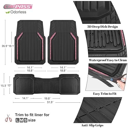 CAR PASS Pink Heavy Duty Rubber Floor Mats for Car, Waterproof Liner Deep Dish Bling Car Mats Full Sets, Universal Trim to Fit for SUV Truck Sedans Vans, All Weather Floor Mats, Pink Sparkly thumbnail 3