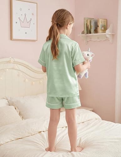 Arshiner Girls Pajamas Silk Satin Pajama Sleepwear Button Down Kids Pj Set | Soft Comfortable Silky Fabric, 2-Piece Pjs, Cute Pajamas for Little & Big Girls, Ideal for Lounging and Sleeping thumbnail 4