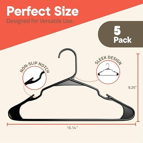 Black Plastic Hangers 5 Pack– Heavy-Duty Plastic Hangers Slim and Space-Saving, Durable and Lightweight PP with Non-Slip Shoulder Notches for Slip Dresses, Suits, Jackets & Camisoles thumbnail 3