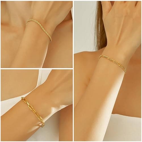 Wgoud Waterproof Gold Bracelets for Women Trendy, Dainty 14K Real Gold Plated Fashion Stackable Bracelet Sets for Women Thin Cuban Link Paperclip Chain Bracelets Layered Gold Jewelry Sets Gifts for Womens thumbnail 7