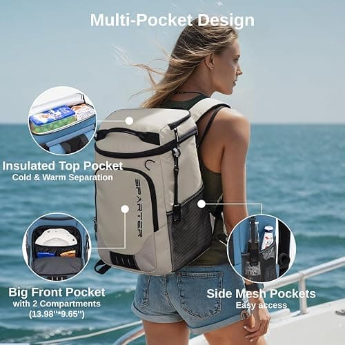 SPARTER Backpack Cooler Insulated Leak Proof 33/49 Cans, 2 Insulated Compartments Thermal Bag, Portable Lightweight Beach Travel Camping Lunch Backpack for Men and Women thumbnail 4
