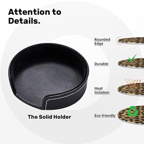 Leopard Animal Print Printed Coasters Set of 6, Pu Leather Round Coasters with Holder, Drinking Coasters Coffee Cup Mat for Bar Kitchen Home thumbnail 7