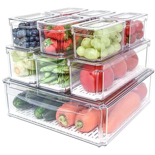 Pomeat 10 Pack Fridge Organizer, Stackable Refrigerator Bins with Lids, BPA-Free Produce Fruit Storage Containers for Fridge, Clear for Food, Drinks, Vegetable - Image 1