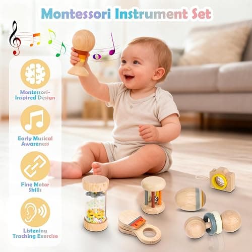 Montessori Wooden Baby Toys 0-12 Months, 7-Piece Sensory Rattle & Music Set | Rain Sound Tube and Rattle Roller for grasping, shaking, rolling, sound discovery and visual exploration with Storage Bag thumbnail 3