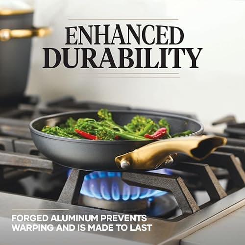 Farberware Forged Induction Ceramic Nonstick Pots and Pans Set with Lids and Kitchen Cooking Tools - Dishwasher Safe, Suitable for All Stovetops, 12 Piece Cookware Set - Black and Gold thumbnail 5