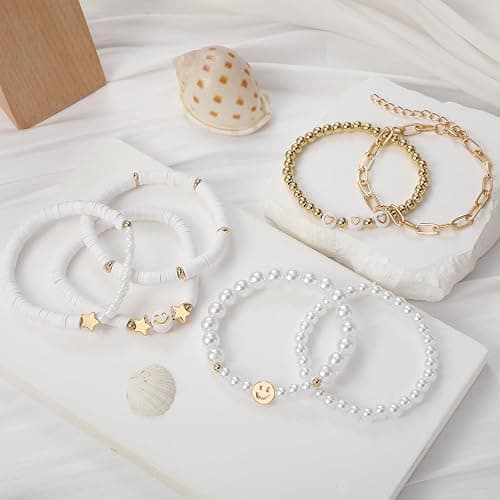 Preppy Bracelets Set Colorful White Gold Smile Heart Star Polymer Beaded Pearl Clay Stackable Charm Y2K Kidcore Aesthetic Summer Beach Bohemian Stretch Layering Bracelets Jewelry for Girls Women Teens thumbnail 4