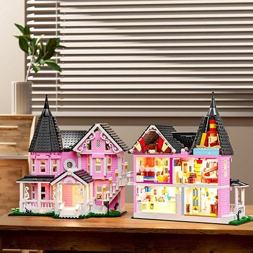 Pink Palace House Building Set with Lights, Halloween Haunted House Blocks Toy, Halloween House Kit for Kids Adults,Christmas for Girls and Boys, Aged 8+ (1349PCS) thumbnail 2