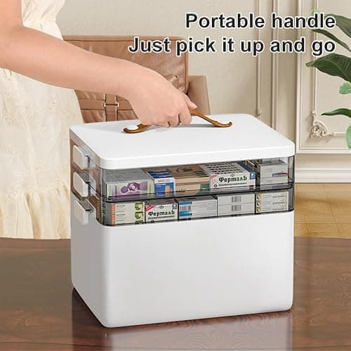 CTIME 3-Tier Medicine Organizer - Portable Medicine Cabinet with Leather Handle, Empty First Aid Kit for Home - 1 Pcs Medicine Storage Box thumbnail 8