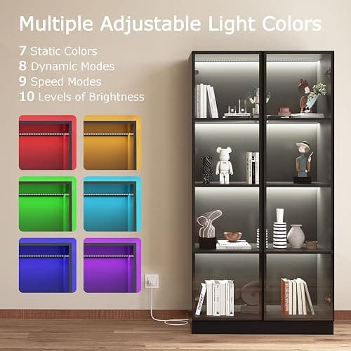 ZORPLIX Glass Display Cabinet with LED Lights Set of 2, Glass Display Case Bookcase with 4-Tier Shelves, Curio Cabinet with 2 Glass Doors, Storage Cabinet for Collectibles, Living Room - 2 - 2 Glass Door - 4 Tier thumbnail 5