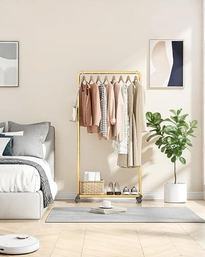 Sakugi Clothes Rack - Clothing Rack with Storage Mesh Shelf & Casters, Heavy-Duty Metal Clothing Rack for Hanging Clothes, Dresses, Coats, Large Load Capacity, Easy Assembly, Gold, 28.0"x16.9"x59.0" thumbnail 2