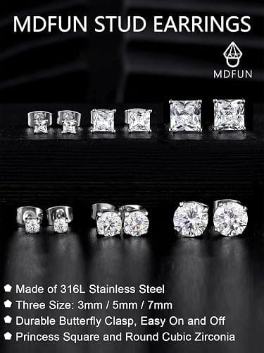 MDFUN 6 Pairs Stud Earrings Set 3mm/5mm/7mm Princess & Round Cubic Zirconia Earrings Hypoallergenic 316L Surgical Stainless Steel CZ Earrings for Women Men thumbnail 7