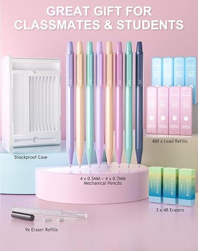 Ponditni 20PACK Mechanical Pencil, 8Pcs 0.5 0.7mm Mechanical Pencils Set With Eraser and 480 Pcs Refills, Cute Colored Preppy School Supplies Gift for Girls Writing - Come With Custom Case thumbnail 7