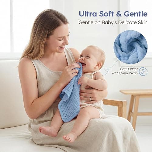 Yoofoss Muslin Burp Cloths for Baby 10 Pack 100% Cotton Baby Washcloths for Boys Girls Large 20''X10'' Super Soft and Absorbent Progressive Blue thumbnail 5