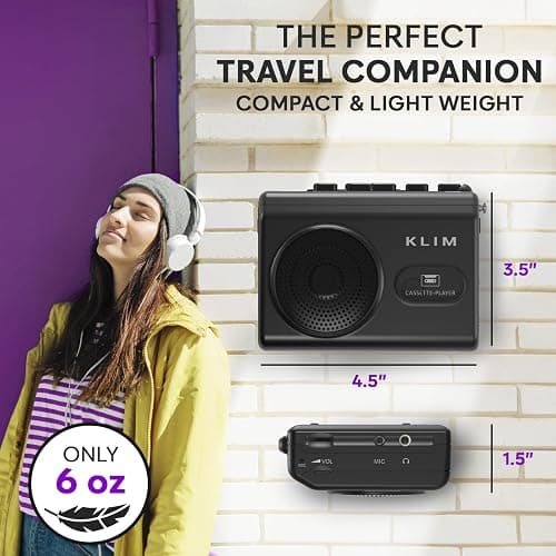 KLIM K9 Cassette Tape Player – Portable Cassette Player & Tape Recorder with Built-in Speaker & Microphone, Headphone Jack, AA Batteries (Included)/AC Powered, Includes Earphones thumbnail 7