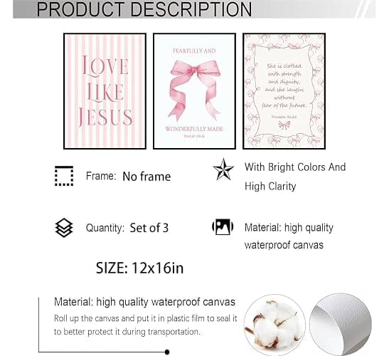 3Pcs Pink Christian Wall Art Coquette Bow Canvas Poster Print Inspirational Bible Verses Eclectic Aesthetic Preppy Painting Wall Decor for Teen Girls Bedroom Apartment 12x16in Unframed thumbnail 4