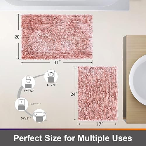 Civkor Bathroom Rugs Mats Set 2 Piece Pink Butter Chenille, Cute Bath Mat Rug Shiny Noodle with Non Slip Backing, Super Water Absorbent Machine Washable 31x20 and 24x16 Inch thumbnail 2