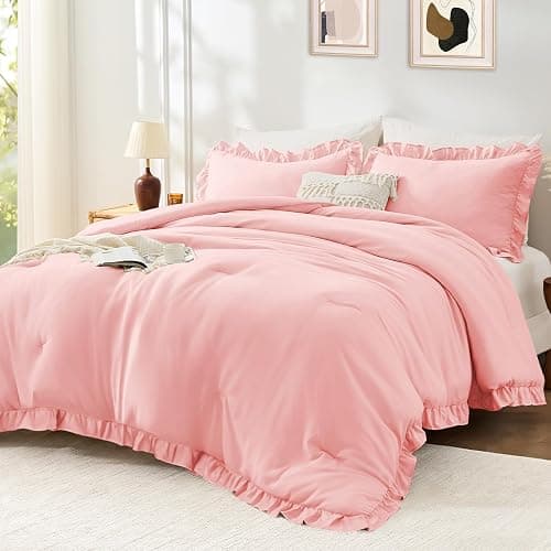 FUANNA Pink Queen Comforter Set, 3 Pieces Ruffle Queen Bed Set, Fluffy Bed in a Bag Queen for All Seasons, Shabby Chic Bedding Comforter Sets with 1 Lightweight Comforter & 2 Pillowshams - Image 1