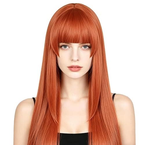 Ginger Orange 80cm 32" Long Straight Cosplay Wig Middle Parted Flat Bangs | Heat Resistant,High Temperature Synthetic Fiber, Halloween Party Wig,Dress Up Anime Show Wigs, Women Lady’s Wig - Image 1
