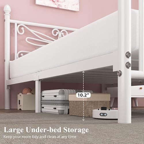 E-Ser Twin Size Bed Frame, Metal Platform Bed Frame with Dragonfly Pattern Headboard and Footboard, Strong Metal Slats Support, No Box Spring Needed, Easy Assembly, Noise-Free, White thumbnail 4