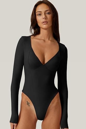 QINSEN Women's Long Sleeve Bodysuit V Neck Body Suits Seamed Cup Going Out Tops Shirt thumbnail 3